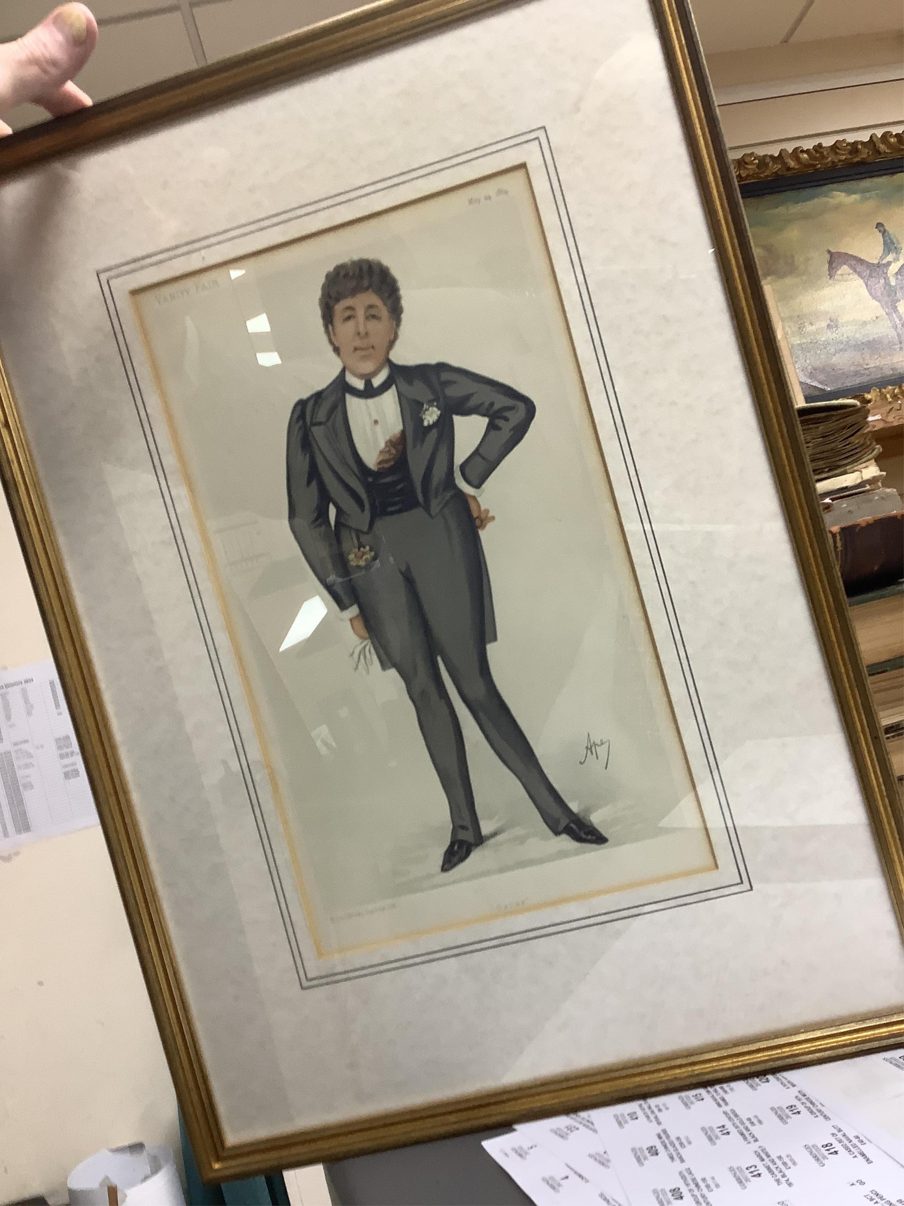 Spy (Leslie Matthew Ward, 1851-1922), Eight Vanity Fair lithographic cartoons, ‘Anti Rent’, ‘a younger son’, ‘Oscar’, ‘Currency’, ‘The Irish Secretary’, ‘Queen Hardie’, and K.S. Ranjitsihji, Sarah Berhnardt, 34 x 20cm